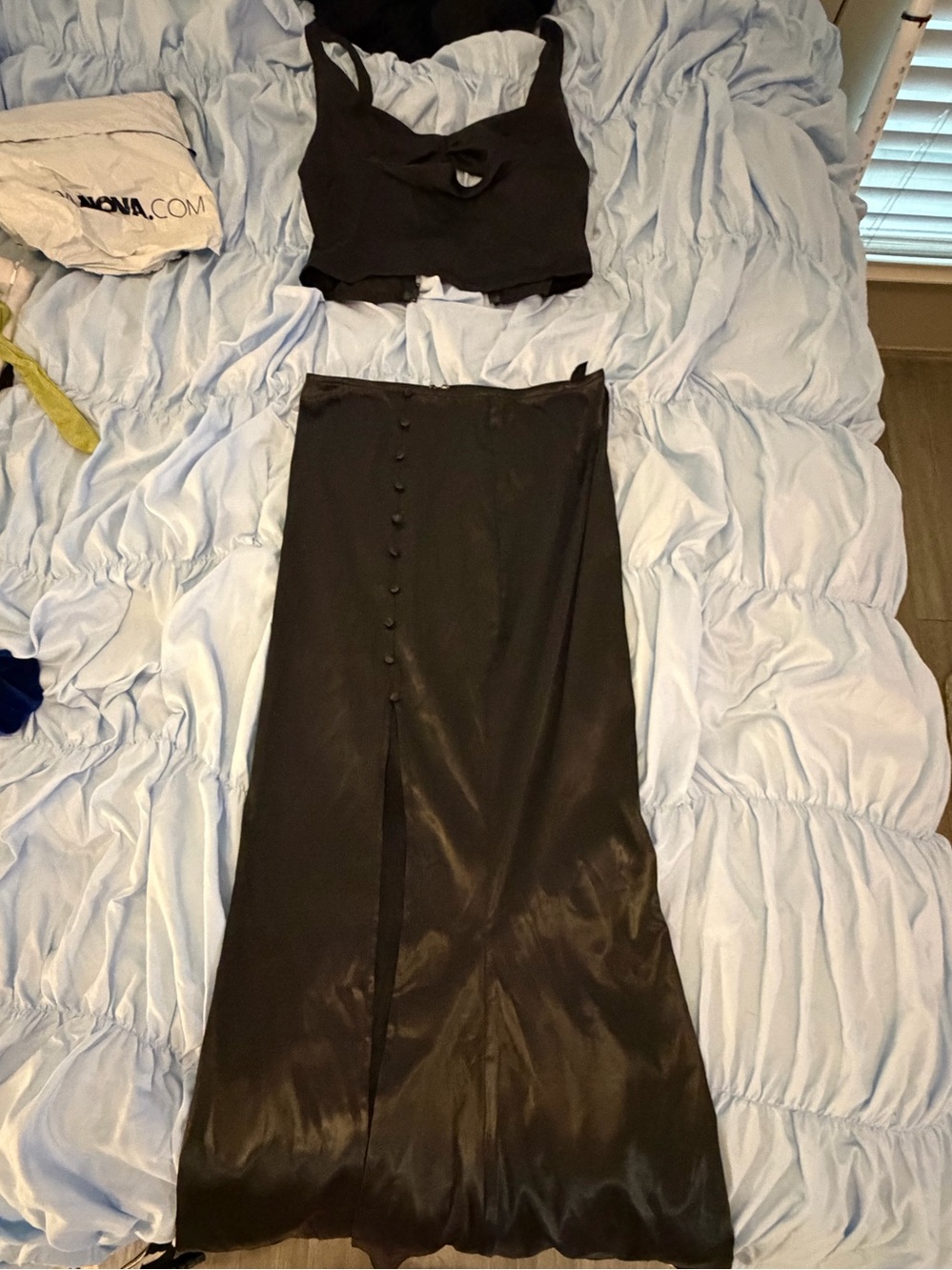 Windsor Black Satin Button-Front Maxi Skirt and Matching Top Set with Front Slit